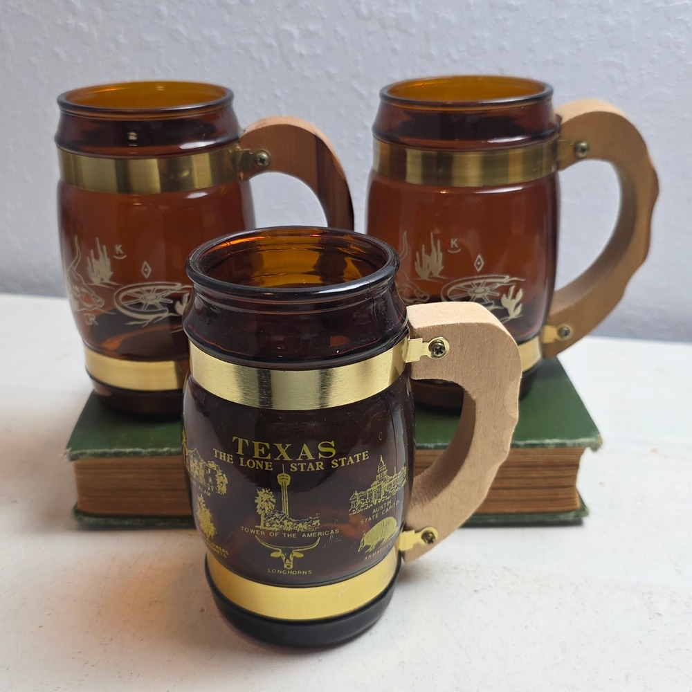 Vintage MCM Texas Amber Glass Mug Set 3 Wooden Handle‎ Brass Band Siesta Ware